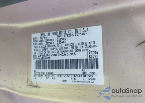 1996 Ford Thunderbird Lx from USA, damaged, VIN 1FALP62WXTH160783